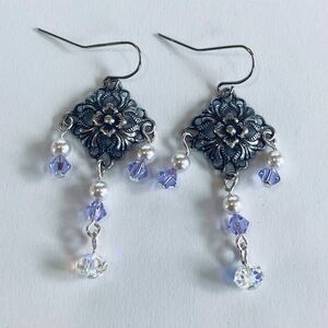 HAND CRAFTED Art Nouveau Chandelier EARRINGS Swarovski Pearls & Crystals NWT